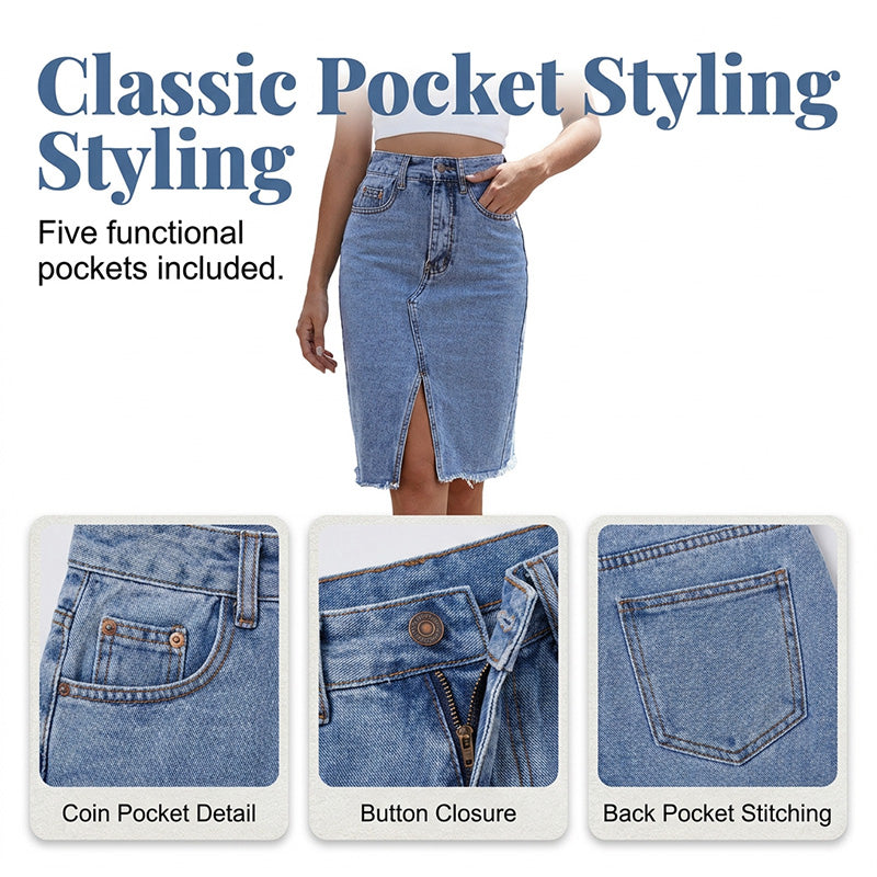 Saia jeans feminina de cintura alta com fenda na frente