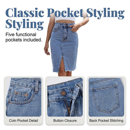 Saia jeans feminina de cintura alta com fenda na frente
