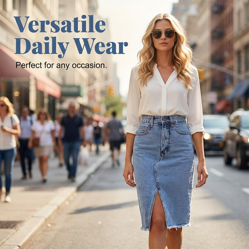 Saia jeans feminina de cintura alta com fenda na frente
