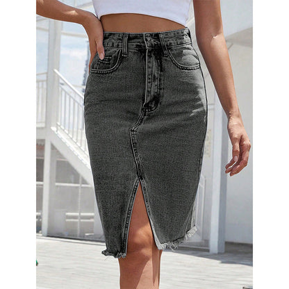 Saia jeans feminina de cintura alta com fenda na frente