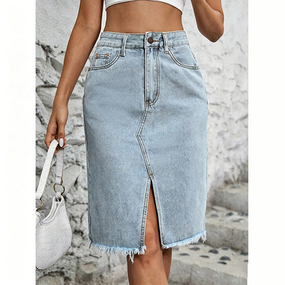 Saia jeans feminina de cintura alta com fenda na frente