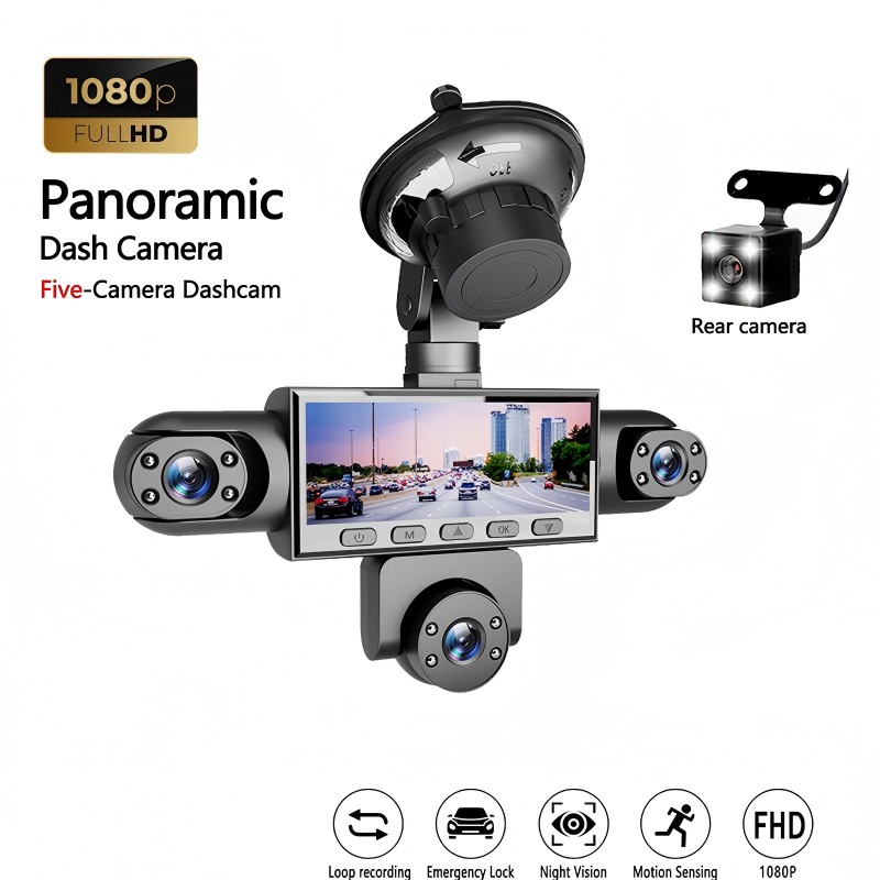 🚗📹 Câmera Veicular HD 1080P com 5 Câmeras – Proteção completa do seu carro com visão panorâmica e gravação contínua
