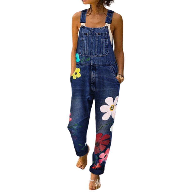 Tuta in denim con motivo floreale da donna