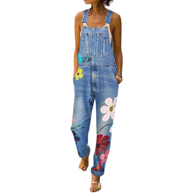Tuta in denim con motivo floreale da donna