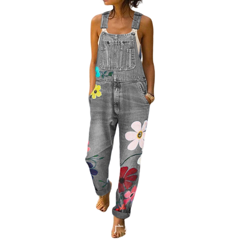 Tuta in denim con motivo floreale da donna