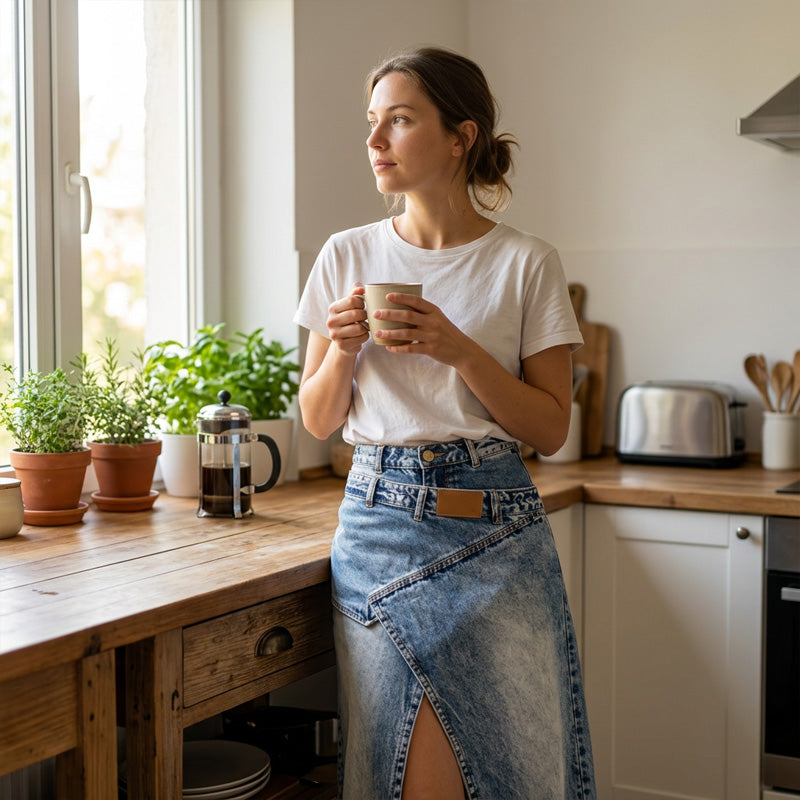 Gonna lunga in denim con vita a strati da donna