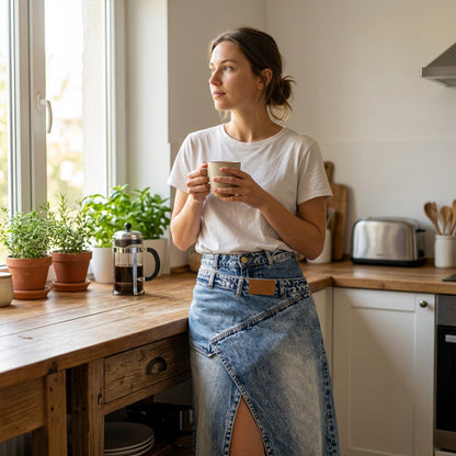 Gonna lunga in denim con vita a strati da donna