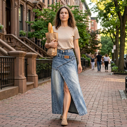 Gonna lunga in denim con vita a strati da donna