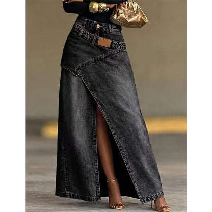 Gonna lunga in denim con vita a strati da donna