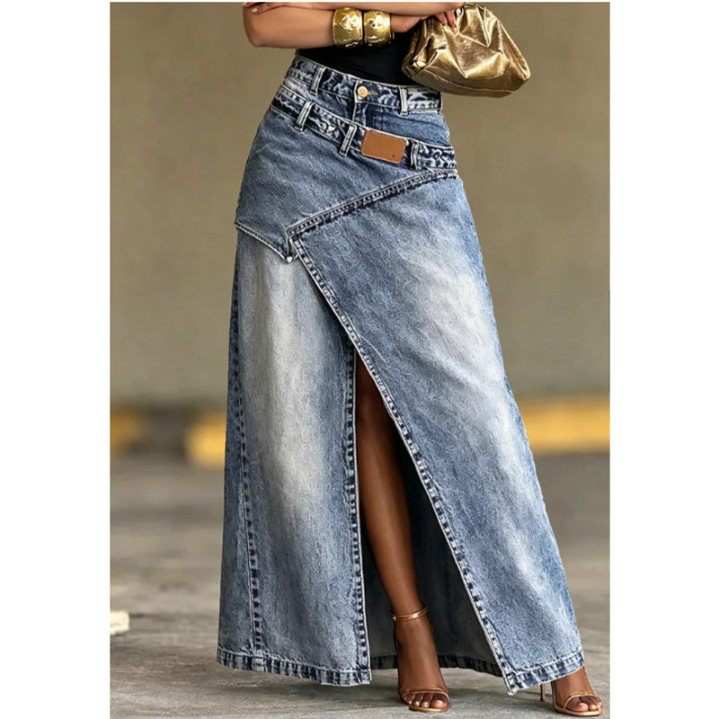 Gonna lunga in denim con vita a strati da donna