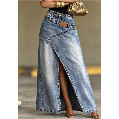 Gonna lunga in denim con vita a strati da donna