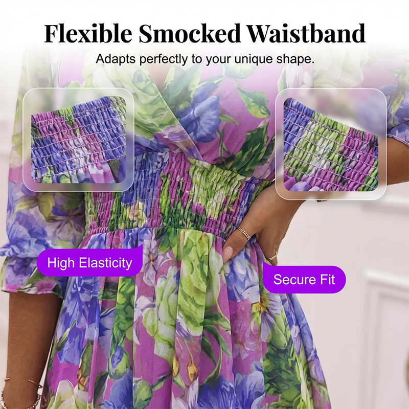 🌸50% DE DESCONTO AGORA! 🌸Vestido feminino em formato de A com estampa floral, decote em V e babados