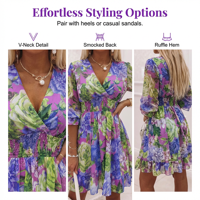 🌸50% DE DESCONTO AGORA! 🌸Vestido feminino em formato de A com estampa floral, decote em V e babados