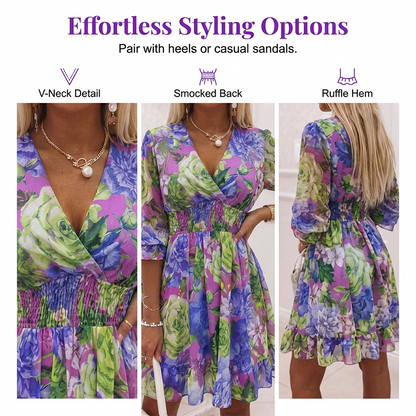 🌸50% DE DESCONTO AGORA! 🌸Vestido feminino em formato de A com estampa floral, decote em V e babados