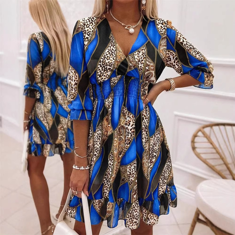 🌸50% DE DESCONTO AGORA! 🌸Vestido feminino em formato de A com estampa floral, decote em V e babados