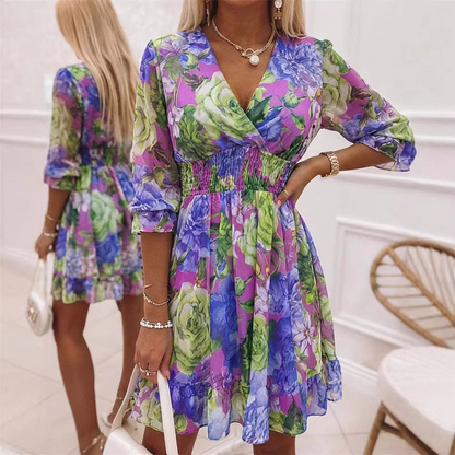 🌸50% DE DESCONTO AGORA! 🌸Vestido feminino em formato de A com estampa floral, decote em V e babados