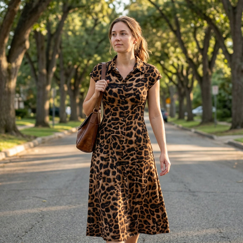 👗 SCONTO DEL 50% 🐆 Elegante abito da donna con risvolti e stampa leopardata – Taglio fluido e collo lavorato – Perfetto per un look chic o casual – Leggero e comodo da indossare ✨