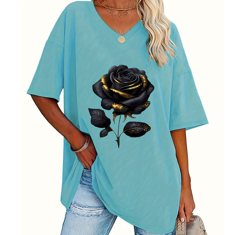 📊 Già oltre 100.000 pezzi venduti! Maglietta con scollo a V e stampa di rose per donne taglie forti