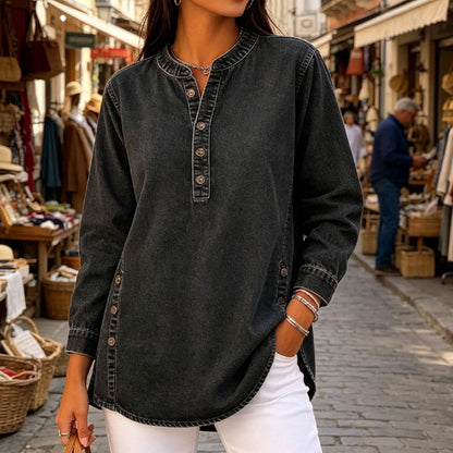 Camicia in denim dal taglio ampio con scollo a V da donna