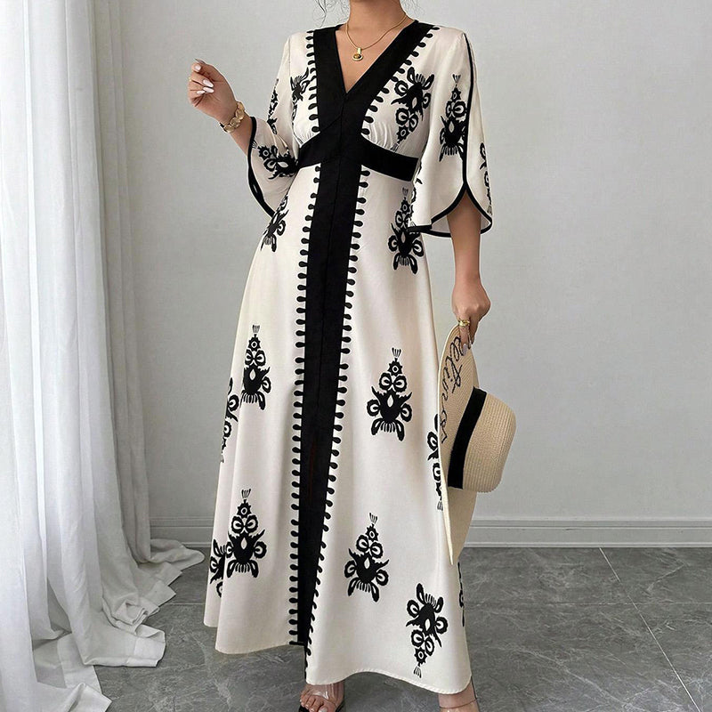 Maxi Vestito Elegante da Donna con Scollo a V e Stampa