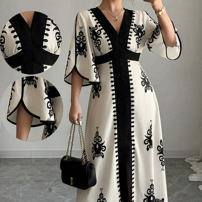 Maxi Vestito Elegante da Donna con Scollo a V e Stampa