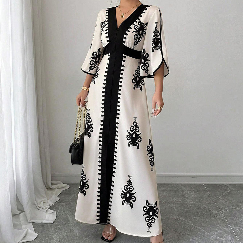 Maxi Vestito Elegante da Donna con Scollo a V e Stampa