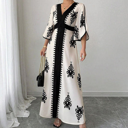 Maxi Vestito Elegante da Donna con Scollo a V e Stampa