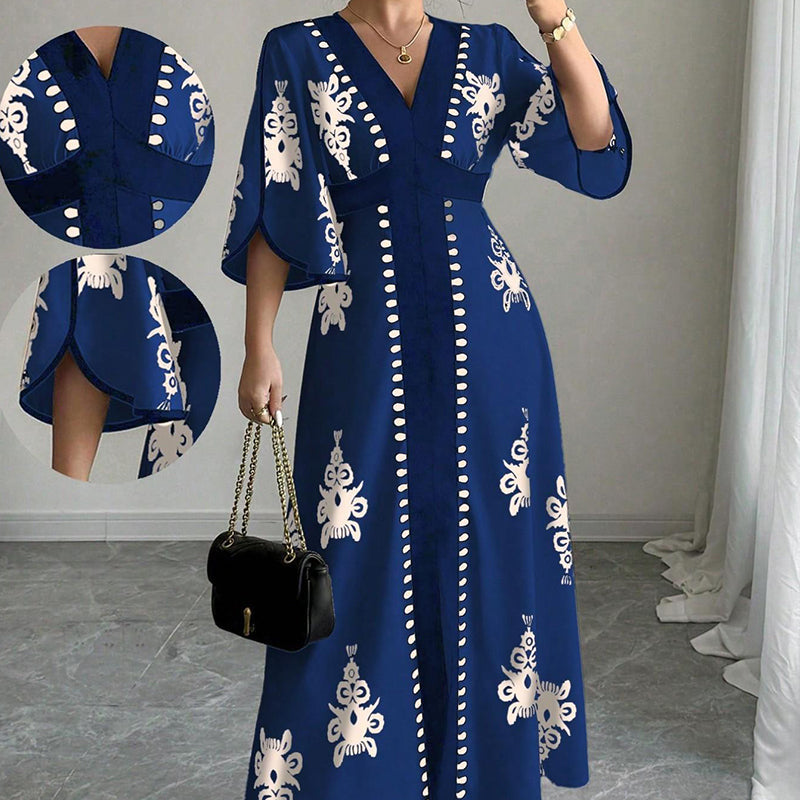 Maxi Vestito Elegante da Donna con Scollo a V e Stampa