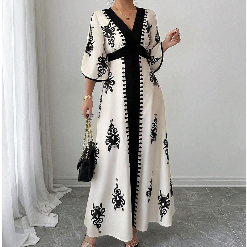 Maxi Vestito Elegante da Donna con Scollo a V e Stampa