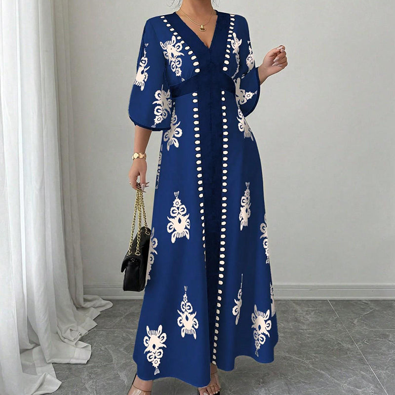 Maxi Vestito Elegante da Donna con Scollo a V e Stampa