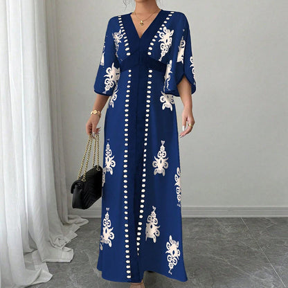 Maxi Vestito Elegante da Donna con Scollo a V e Stampa