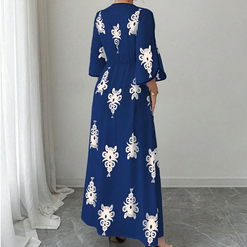 Maxi Vestito Elegante da Donna con Scollo a V e Stampa