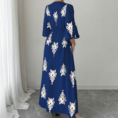 Maxi Vestito Elegante da Donna con Scollo a V e Stampa