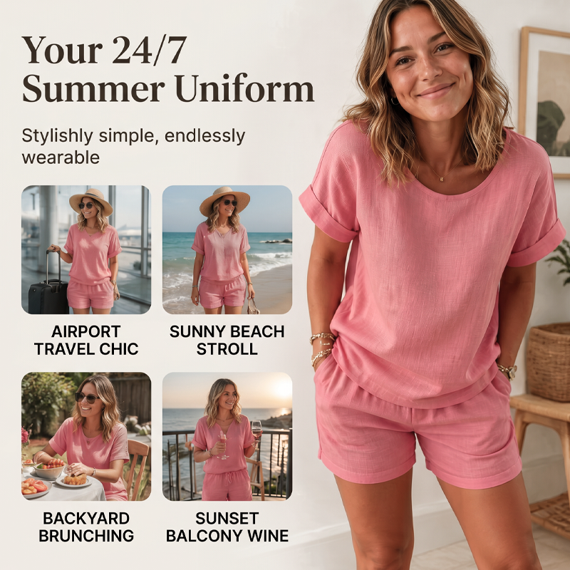 🌸 Conjunto Feminino 2 Peças – Blusa de Manga Curta + Shorts Confortável