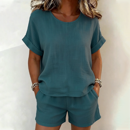 🌸 Conjunto Feminino 2 Peças – Blusa de Manga Curta + Shorts Confortável