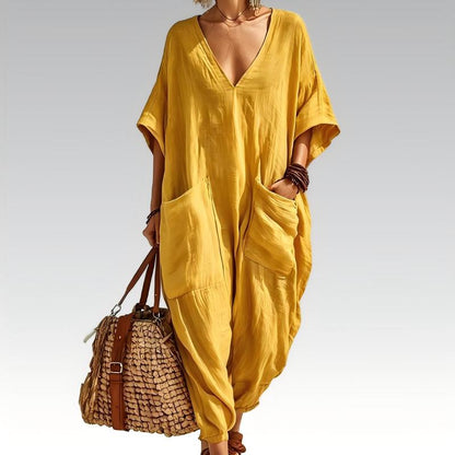 🌞 Macacão Feminino de Verão com Decote em V – Leve, Solto e Elegante para o Dia a Dia