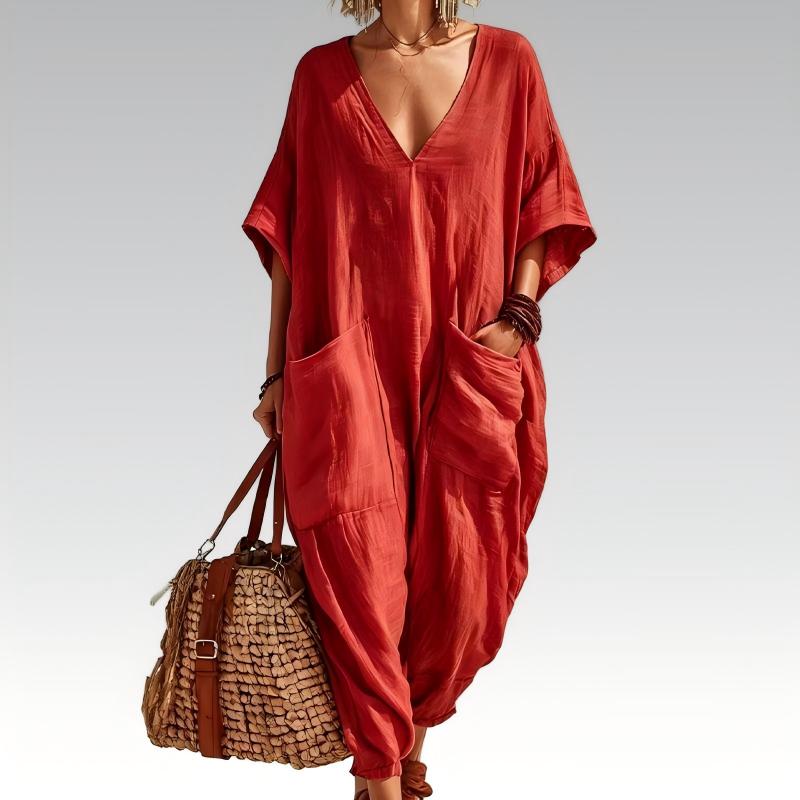 🌞 Macacão Feminino de Verão com Decote em V – Leve, Solto e Elegante para o Dia a Dia