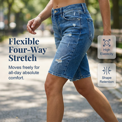 👖50% DE DESCONTO POR TEMPO LIMITADO! ✨ Bermudas femininas casuais de jeans desgastado – elasticidade em 4 direções, bainha crua, estilo vintage 🌿