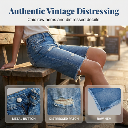 👖50% DE DESCONTO POR TEMPO LIMITADO! ✨ Bermudas femininas casuais de jeans desgastado – elasticidade em 4 direções, bainha crua, estilo vintage 🌿