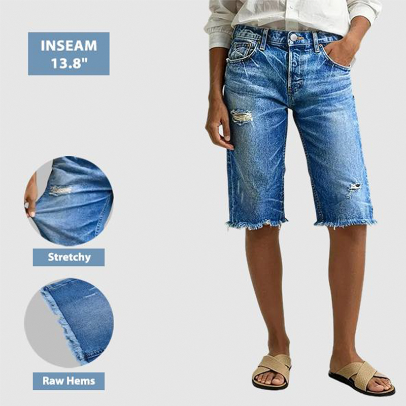 👖50% DE DESCONTO POR TEMPO LIMITADO! ✨ Bermudas femininas casuais de jeans desgastado – elasticidade em 4 direções, bainha crua, estilo vintage 🌿