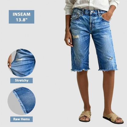 👖50% DE DESCONTO POR TEMPO LIMITADO! ✨ Bermudas femininas casuais de jeans desgastado – elasticidade em 4 direções, bainha crua, estilo vintage 🌿