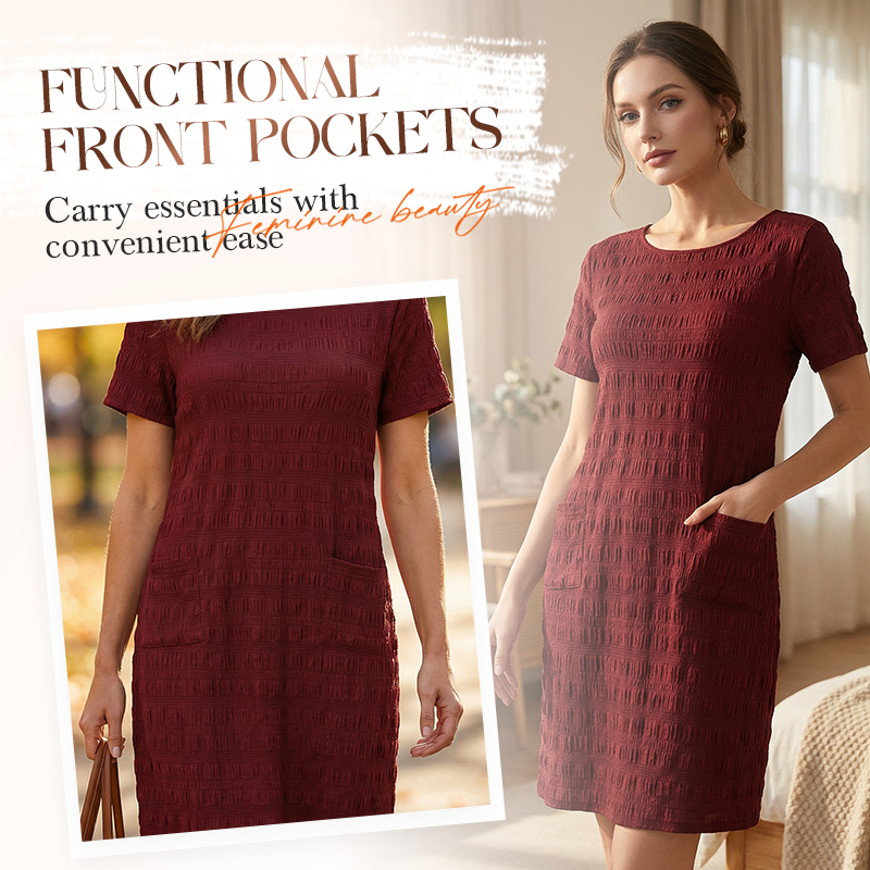 ⌛Oferta por tempo limitado — Vestido feminino com gola redonda, textura e comprimento na altura do joelho