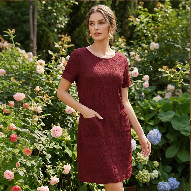 ⌛Oferta por tempo limitado — Vestido feminino com gola redonda, textura e comprimento na altura do joelho