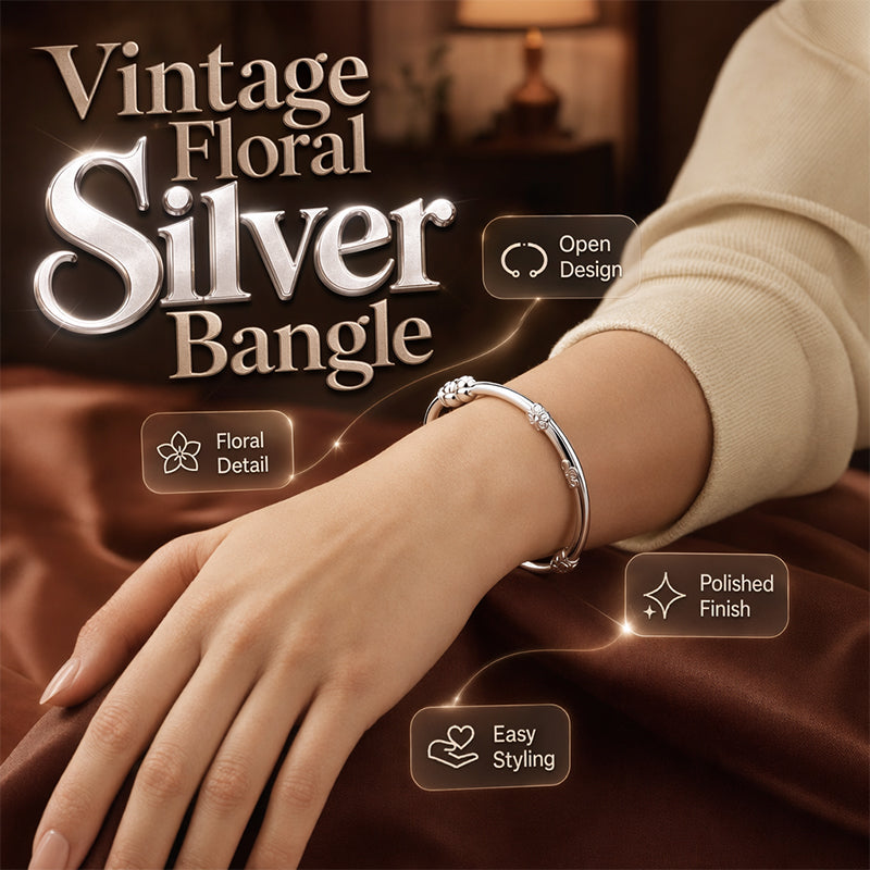 ⌛Oferta por tempo limitado – Pulseira rígida vintage com motivo floral prateado