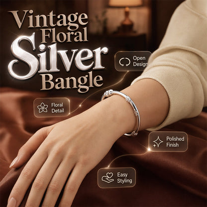 ⌛Oferta por tempo limitado – Pulseira rígida vintage com motivo floral prateado
