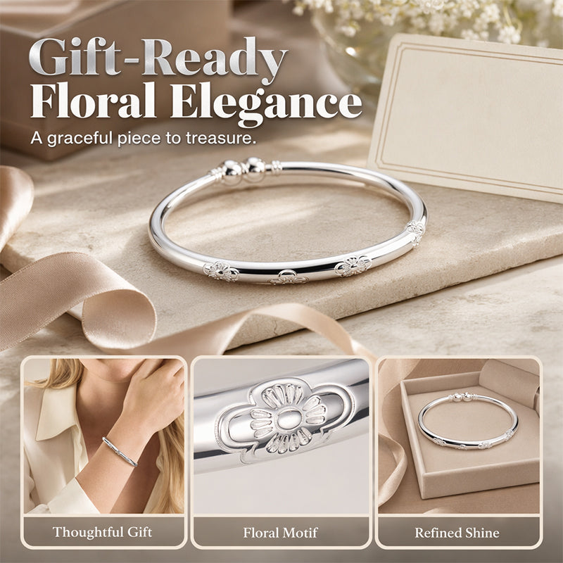 ⌛Oferta por tempo limitado – Pulseira rígida vintage com motivo floral prateado
