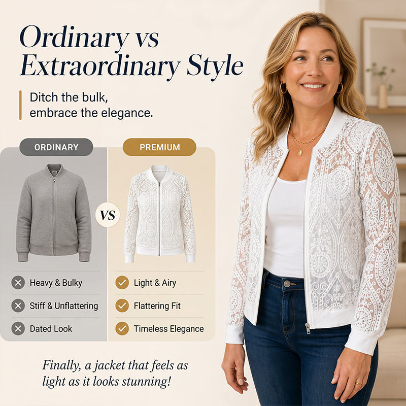⌛Oferta por tempo limitado – Jaqueta estilo aviador elegante em renda com motivos florais para mulheres