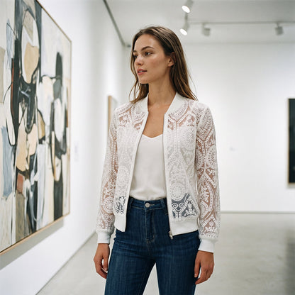 ⌛Oferta por tempo limitado – Jaqueta estilo aviador elegante em renda com motivos florais para mulheres