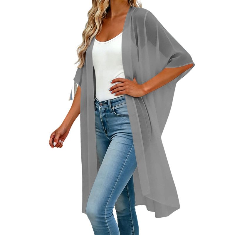 Vestido de praia largo para mulher, de cor lisa, com decote quadrado e laço em forma de borboleta