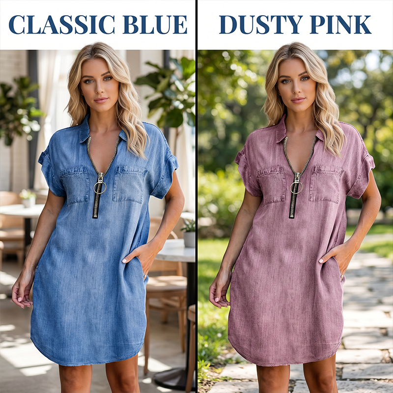 Vestido casual feminino de jeans, com lapela larga, manga curta, zíper e bolsos
